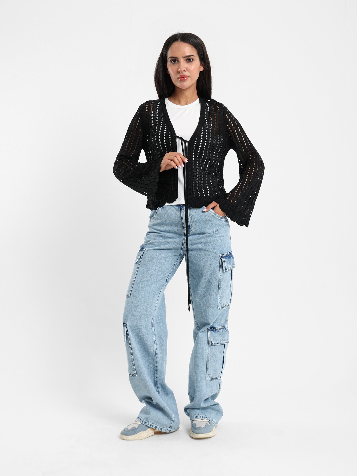 Cropped Openwork Tie-Front Cardigan