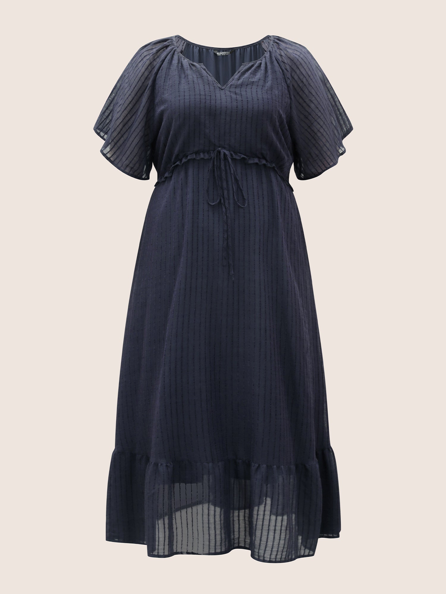 Solid Striped Notched Ties Up Pocket Flutter Maxi Dress