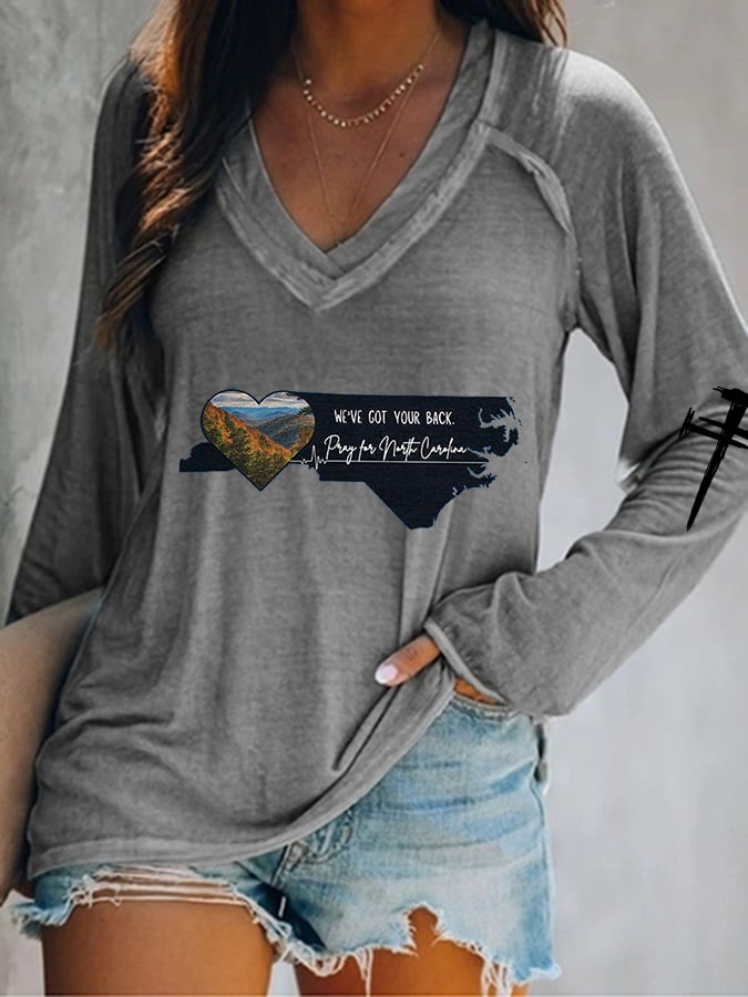Women's We've Got Your Back Pray For North Carolina Print V-Neck T-Shirt