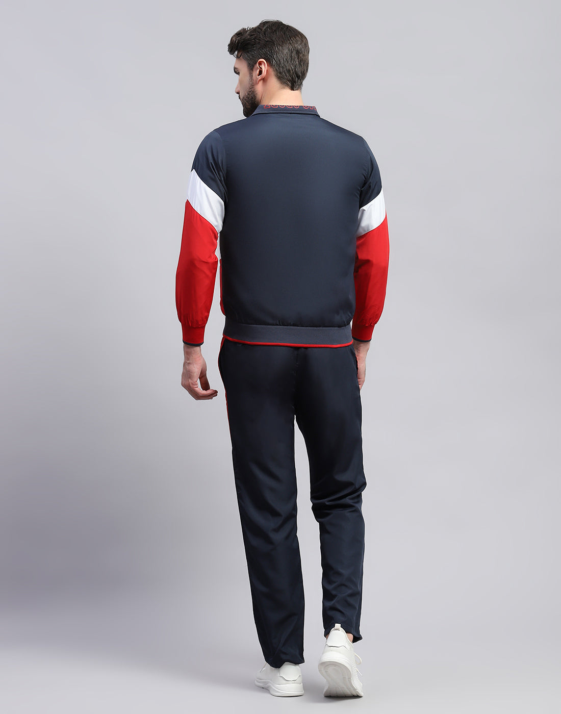 Men Navy Blue Solid Band Collar Full Sleeve Winter Tracksuit