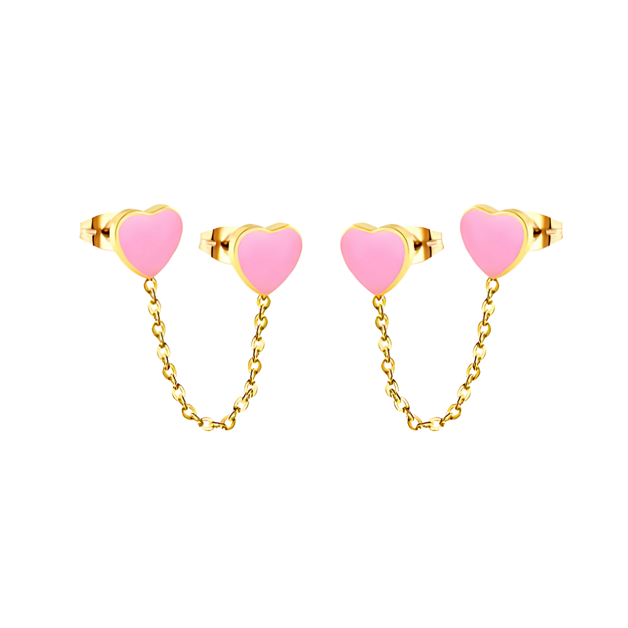 Chained pink heart studs - Gold
