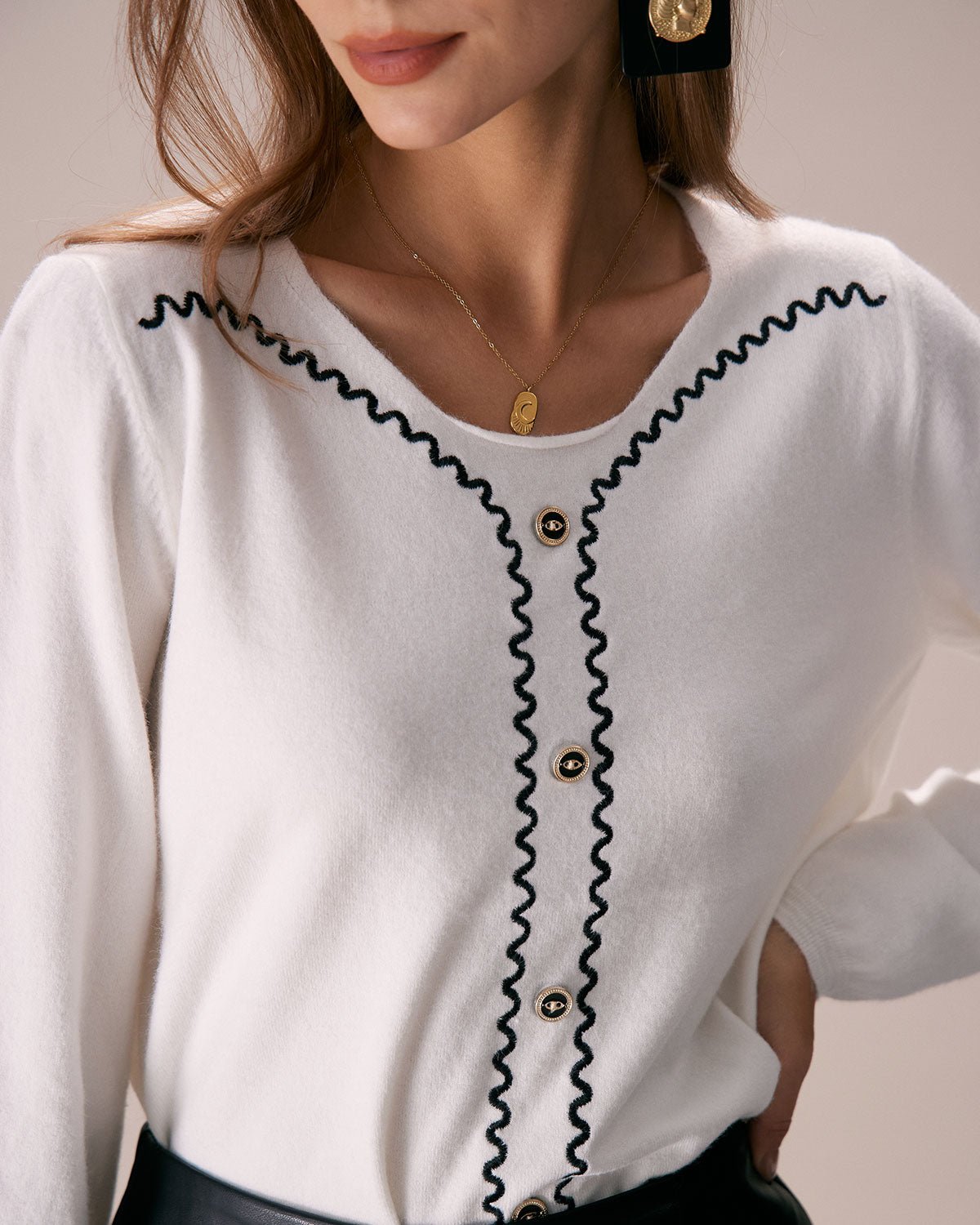 The Apricot Crew Neck Embroidery Knit Top