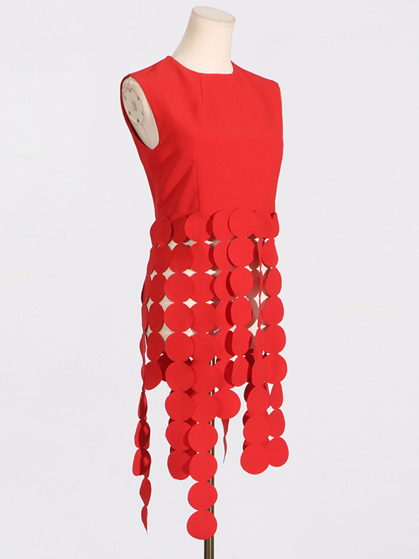 Sleeveless Polka-Dot Solid Color Split-Joint Tasseled Round-Neck Vest Top
