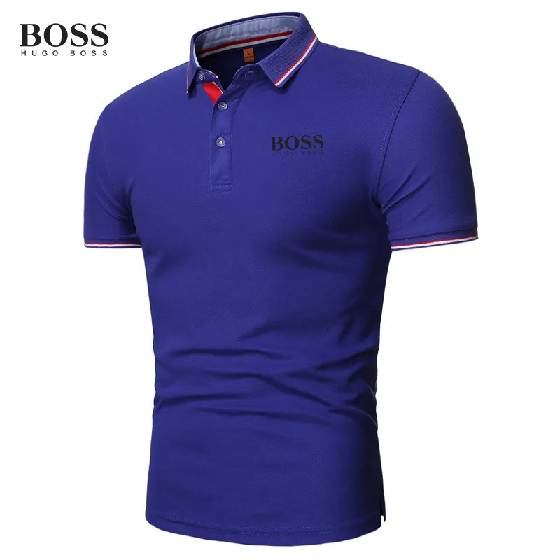 Boss Shirt Men Button Stand Collar Short Sleeve Polo Shirts