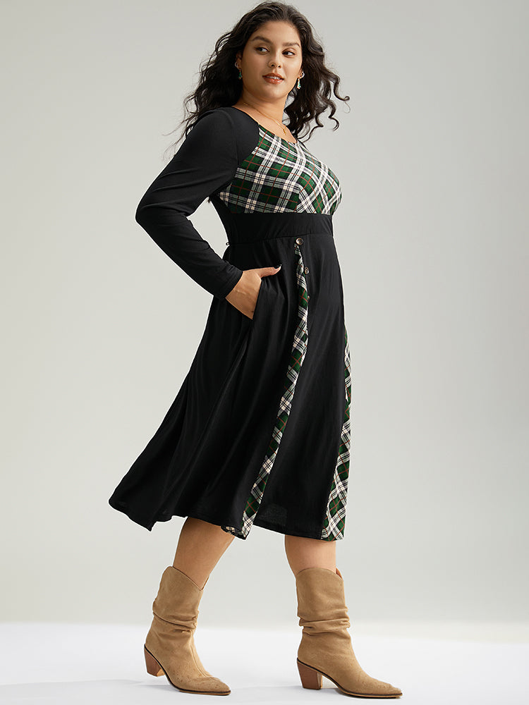 Christmas Plaid Patchwork Button Detail Dress