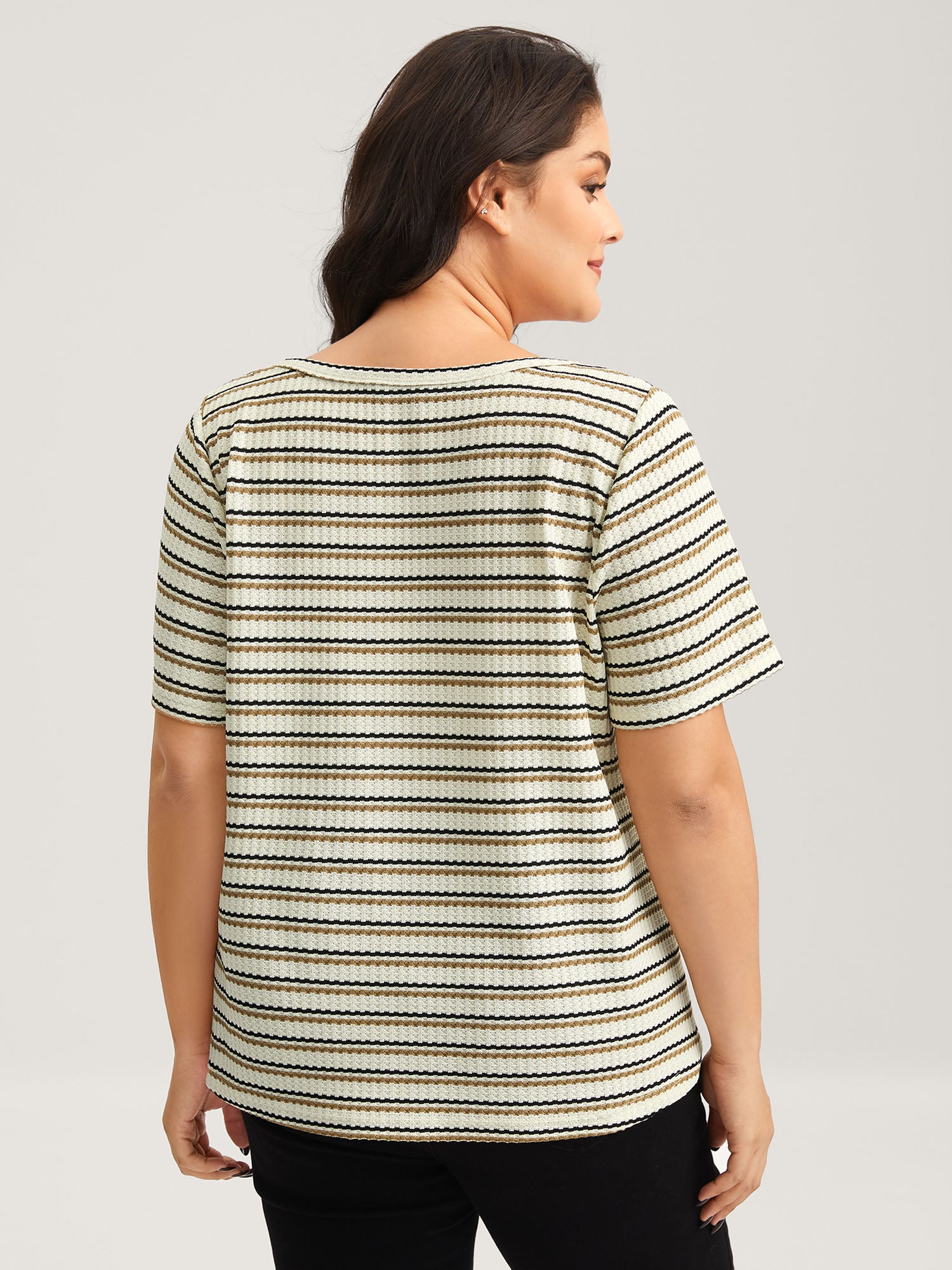 Waffle Stripe Button Detail T-Shirt