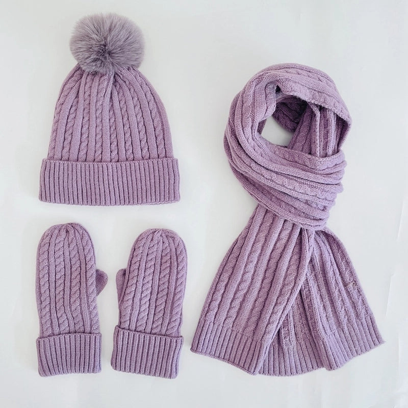 Winter Women's Knitted Hat Scarf Gloves Three-piece Set New Solid Color Plus Velvet Wool Hat Warm Suit