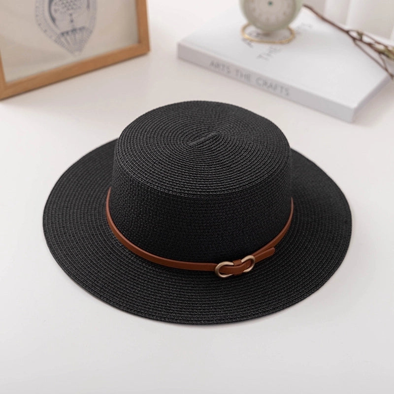Flat Top  Hat  Summer Fashion Women's Sun Hat Sun Protection Sun Hat Paper Woven Hat Belt Hat