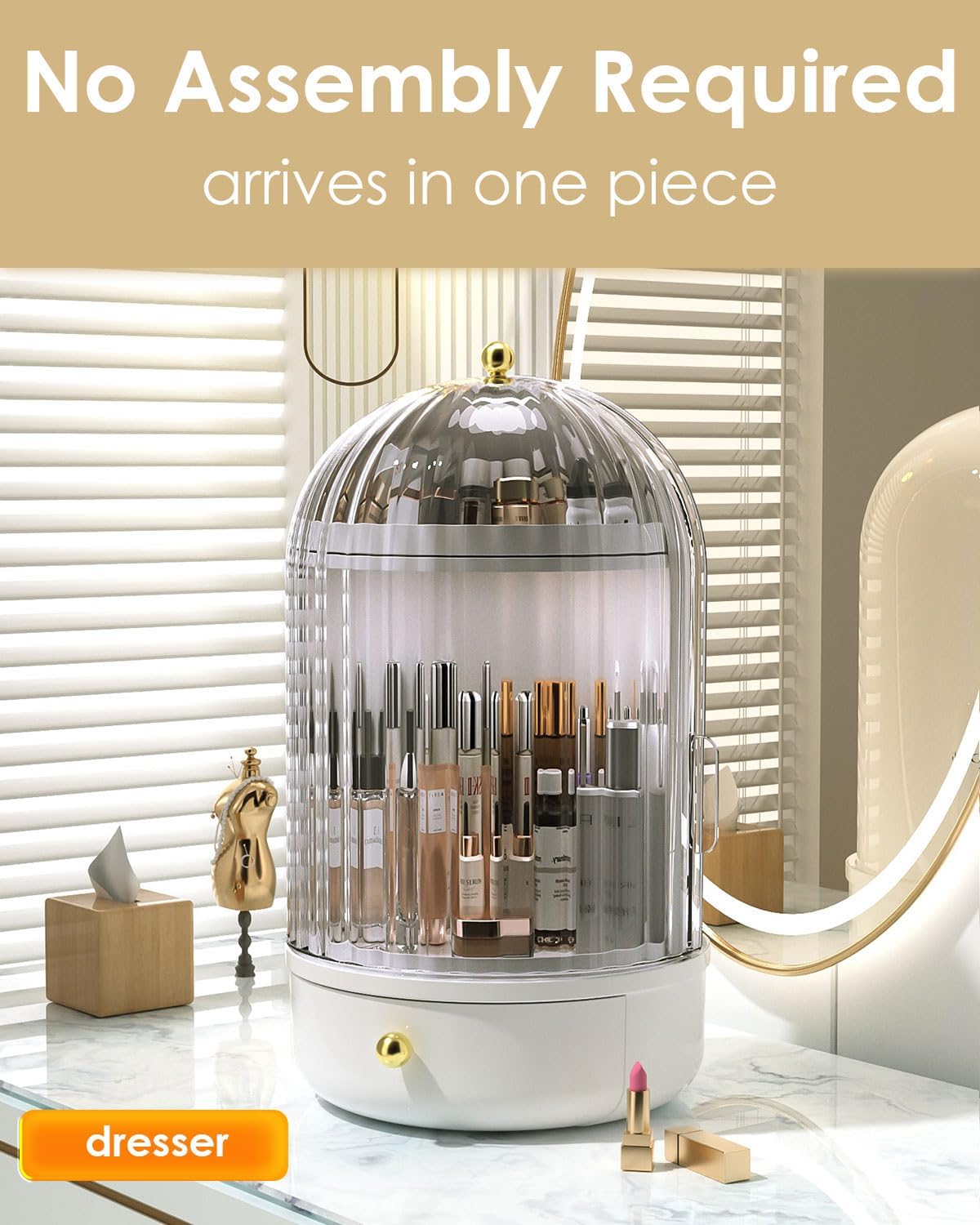 Rotating Makeup Storage With Cover And Drawer. Large Skincare Cosmetics Organizer