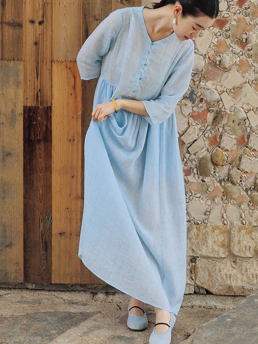 Women Summer Artsy Pure Color V-Neck Ramie Dress