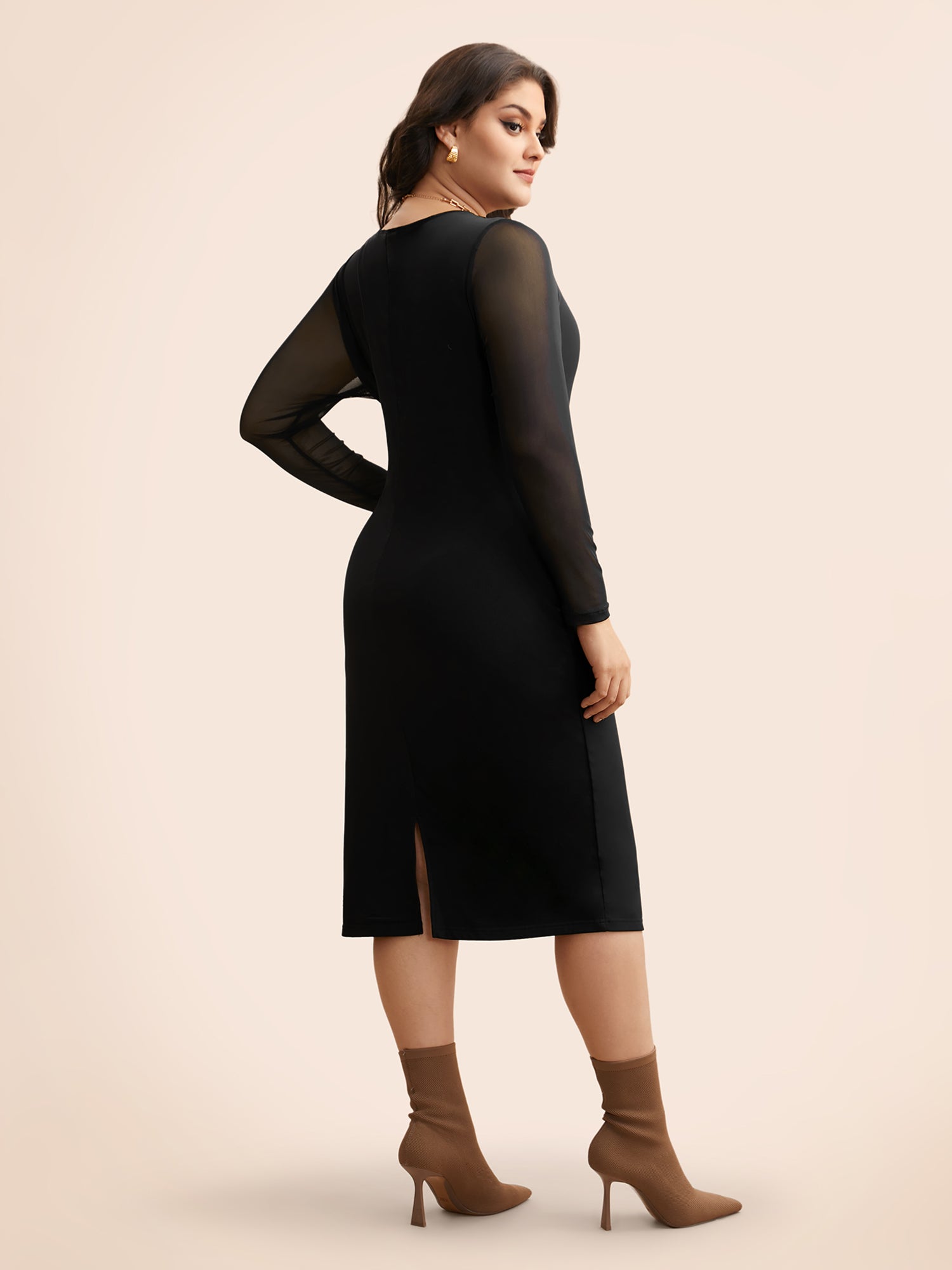 Crew Neck Patchwork Mesh Split Hem Dress
