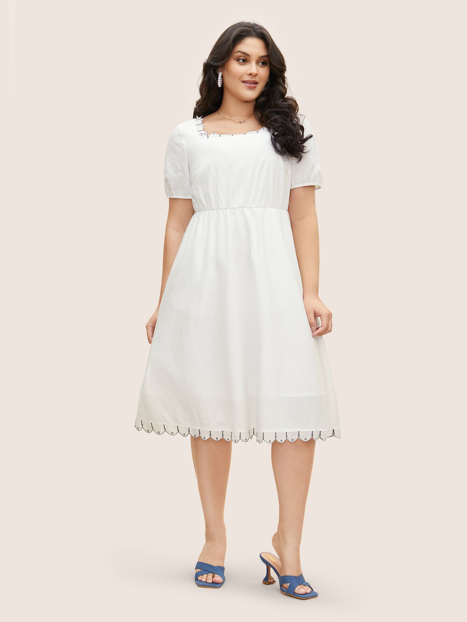 Cotton Lace collar Lantern Sleeve Midi Dress