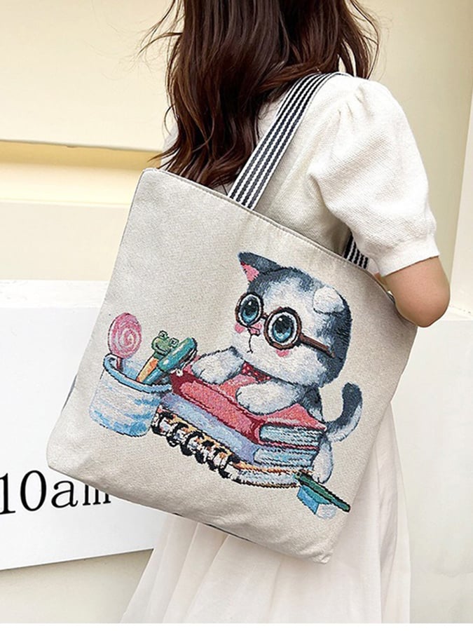 Women's Fashion Ethnic Cat Embroidery Canvas Shoulder Bag