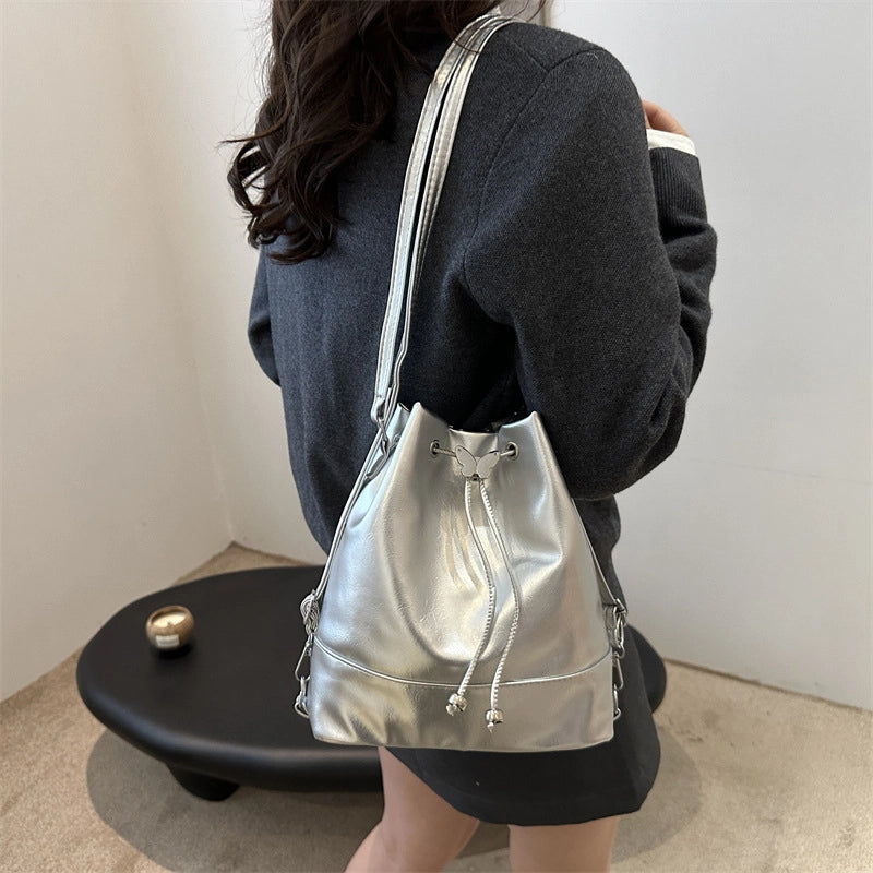 Women's Pu Leather Butterfly Classic Style Sewing Thread Bucket String Shoulder Bag Drawstring Backpack Crossbody Bag