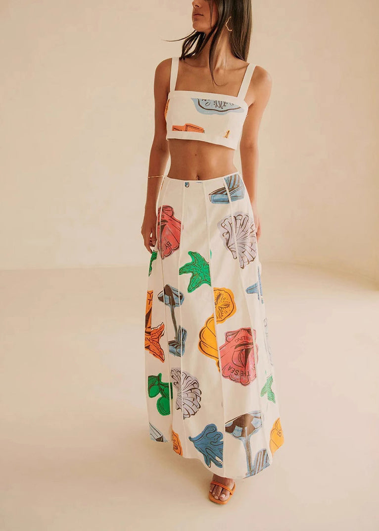 DIY Beige Print Vest And Maxi Skirts Two Pieces Set Summer