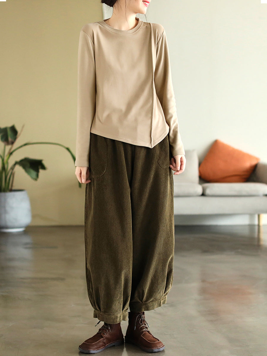 Plus Size Women Vintage Corduroy Pure Color Loose Harem Pants