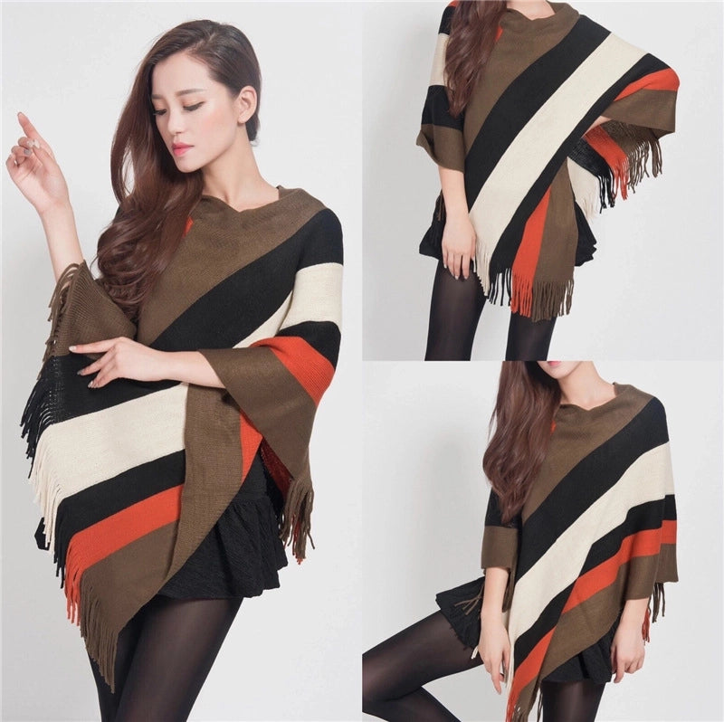 Women's Wear Tassel Pullover Midi Knitted Cloak Women's Winter Fashion Shawl Striped Sweater Coat
