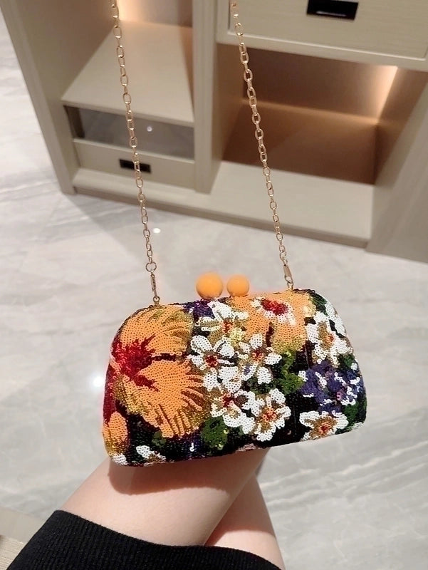 Orange Polyester Flower Embroidery Embroidery Evening Bags