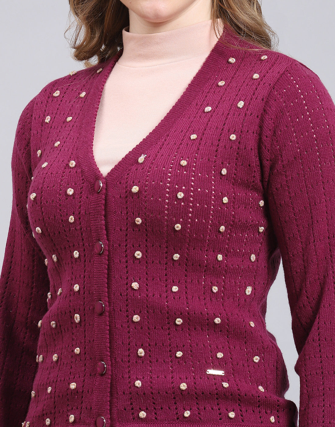 Women Purple Self Design V Neck Full Sleeve Cardigan