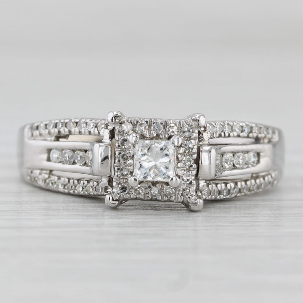 0.52ctw Princess Diamond Halo Engagement Ring 14k White Gold Size 9