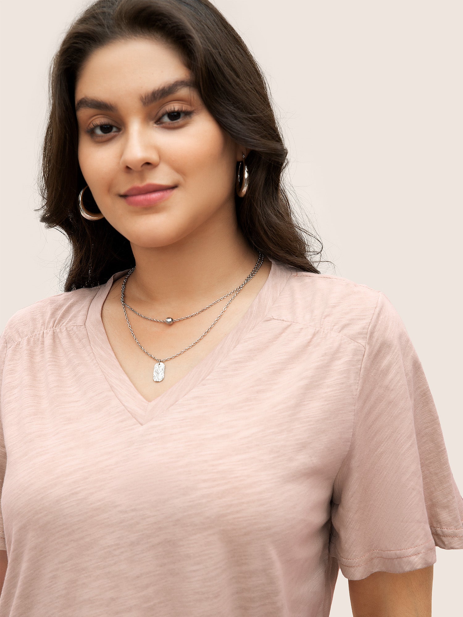 Plain Ruffle Sleeve Heather V Neck T-shirt
