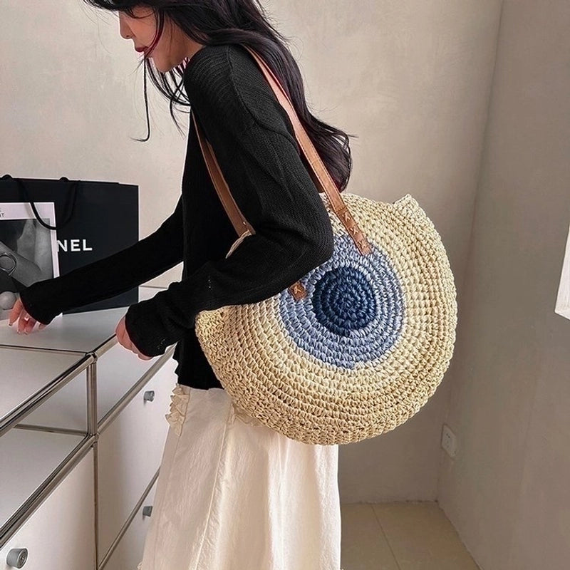 Women's Straw Color Block Basic Round Zipper Shoulder Bag