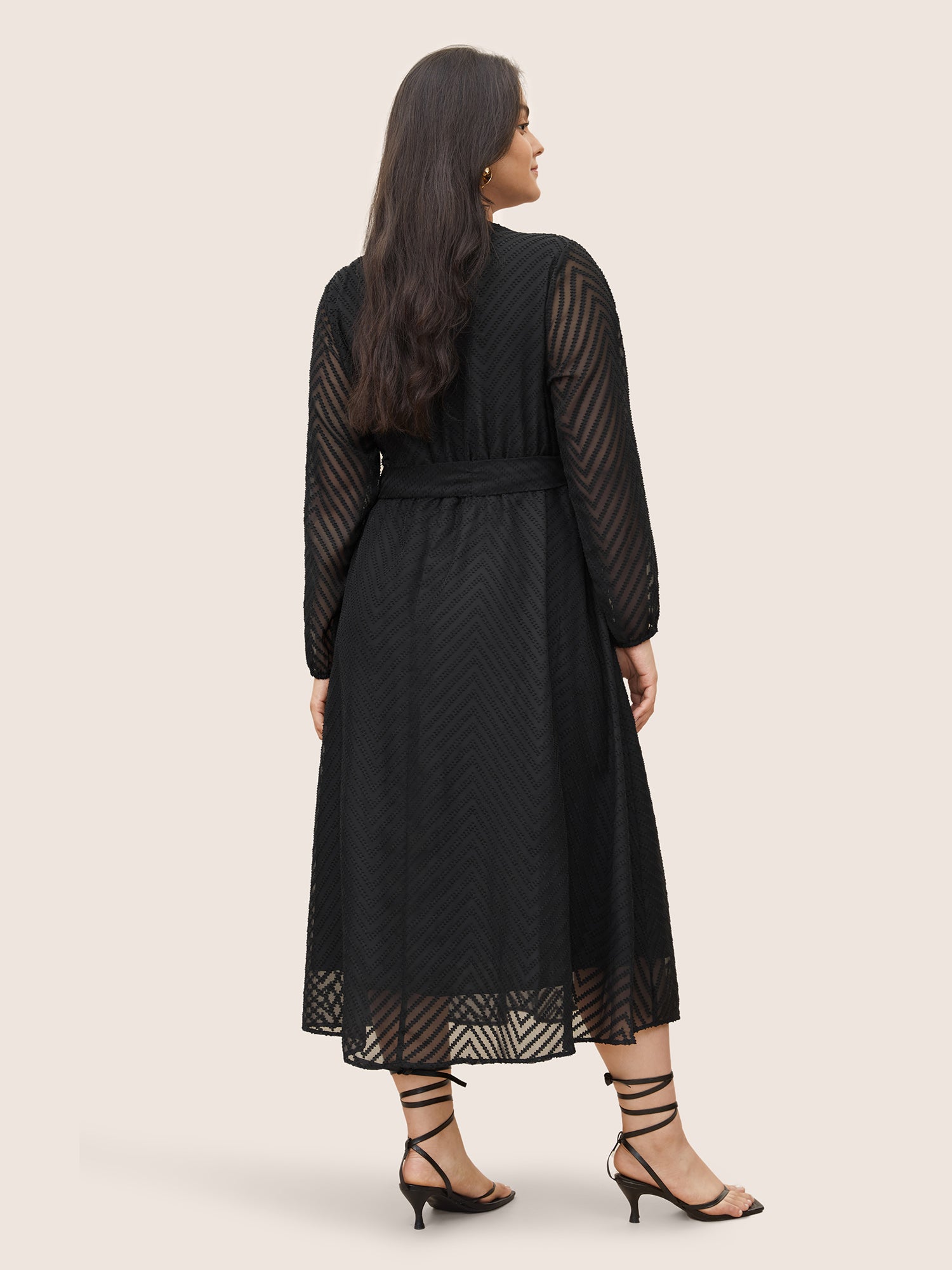 Solid Geometric Pocket Mesh Lantern Sleeve Belted Dress