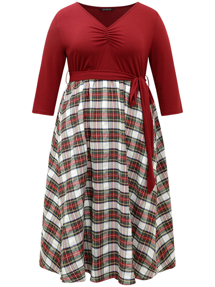 Christmas Plaid Patchwork Ruched Belted Dress