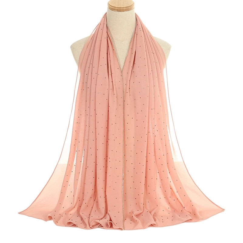 New Rhinestone Chain Pearl Chiffon Long Scarf Casual Diamond Headscarf Scarf Scarf Women's Scarf