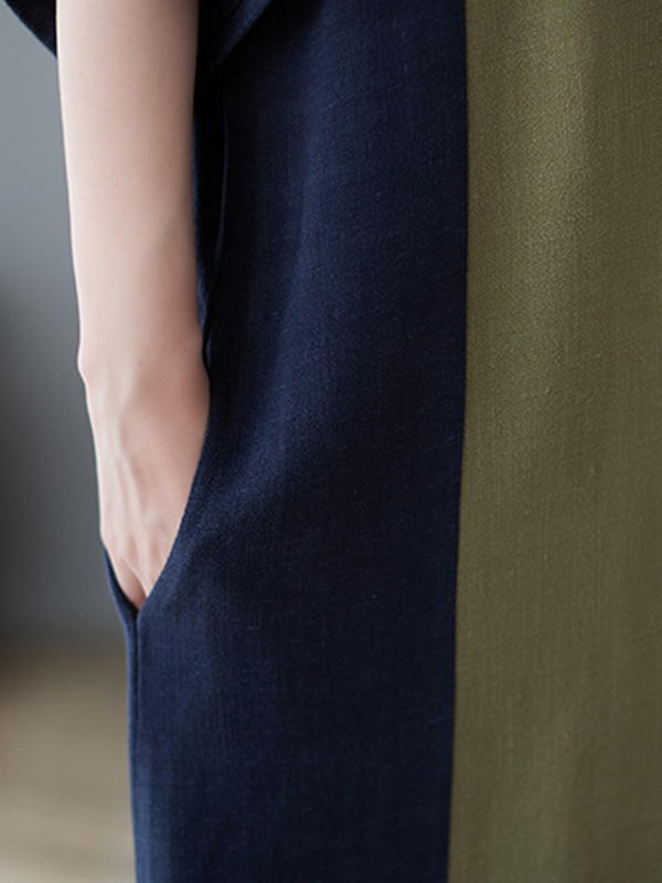 Half Sleeves Loose Contrast Color Round-Neck Midi Dresses