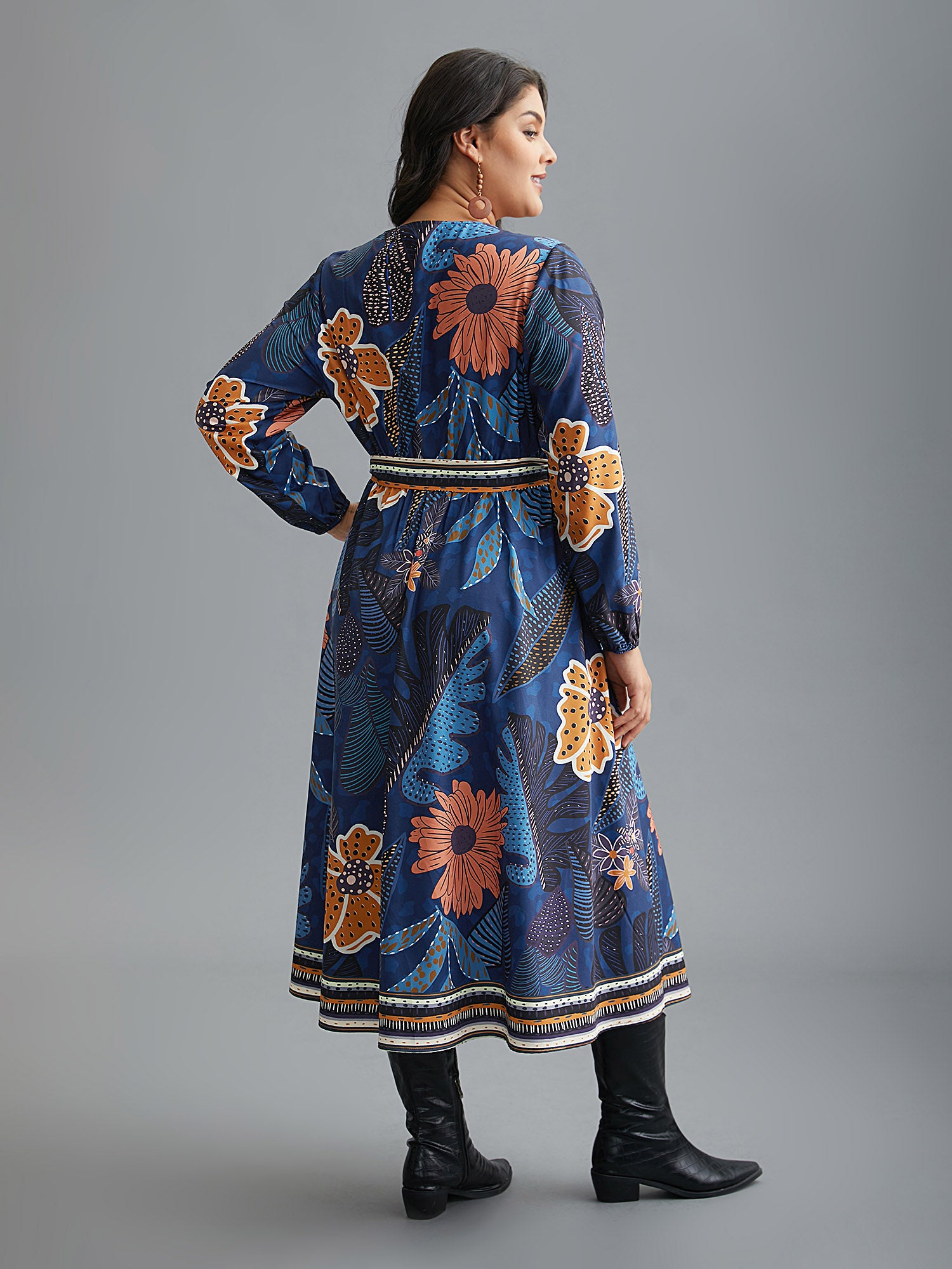 Boho Print Belted Lantern Sleeve Dress