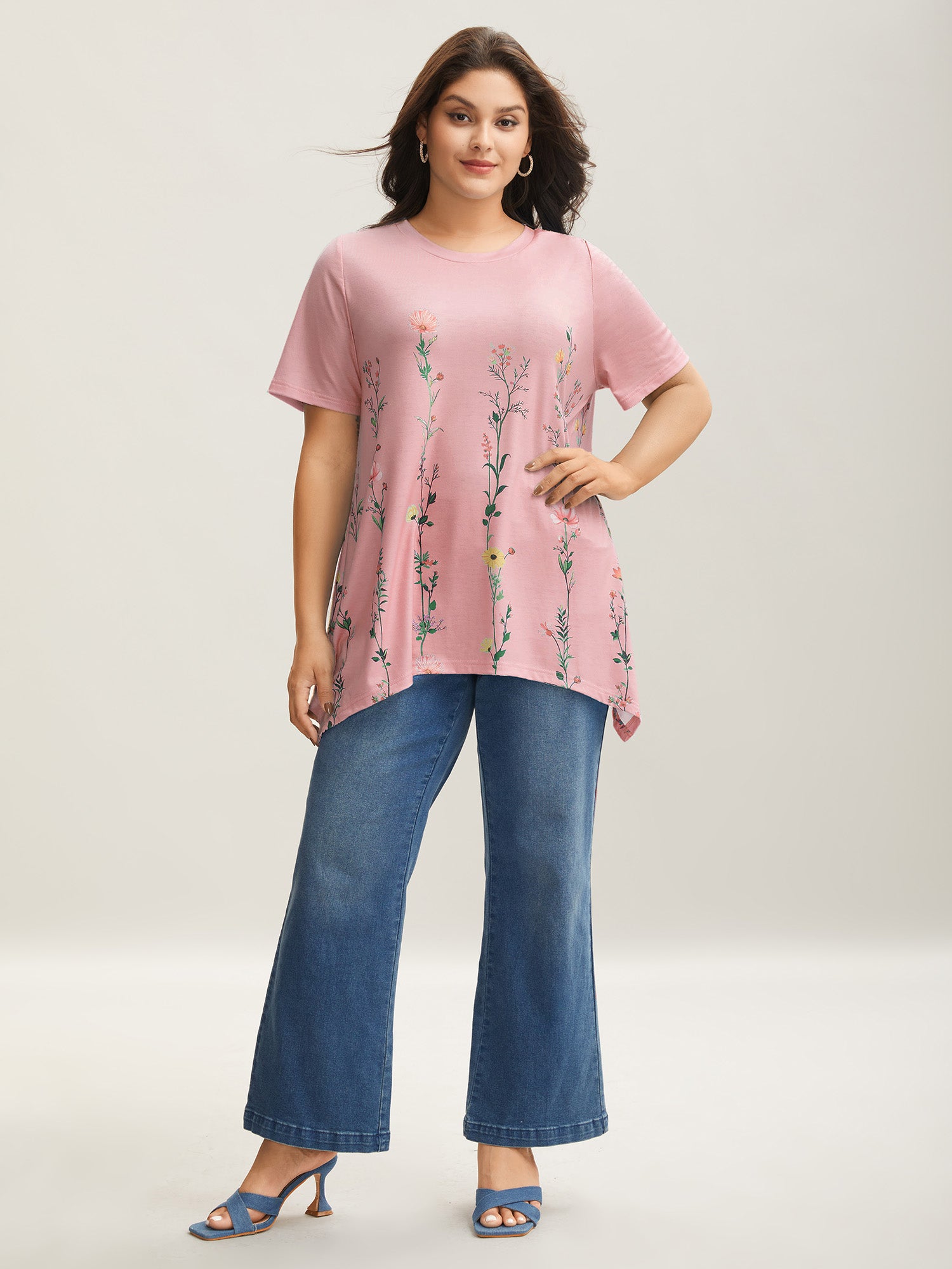 Stretchy Hi-Low Hem Floral T-Shirt