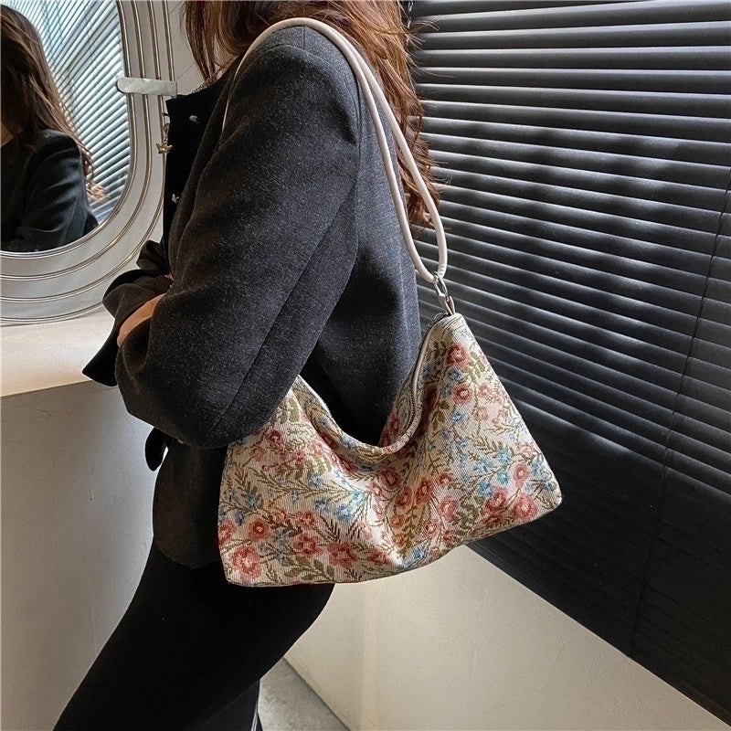 Women's Small Nylon Flower Ethnic Style Zipper Underarm Bag