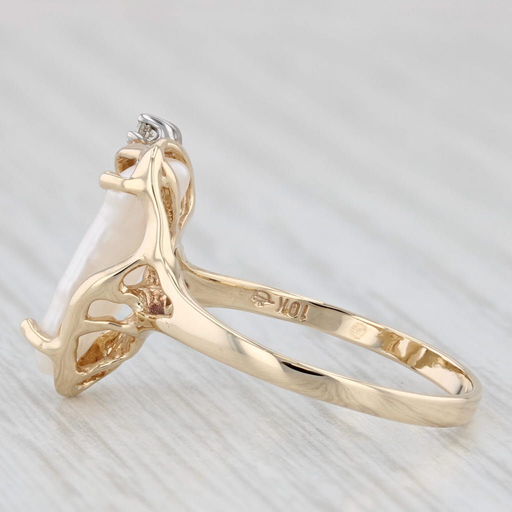 Baroque Freshwater Pearl Diamond Ring 10k Yellow Gold Size 7