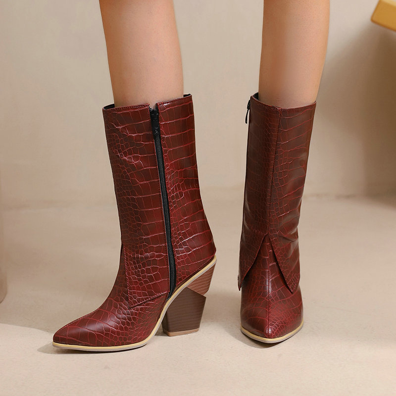 Snakeskin Print Zipper Fold Chunky Heels Western Boots