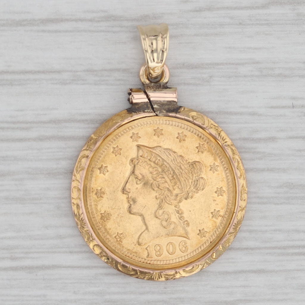 Authentic 1906 American Eagle 2.50D Coin Pendant 10k 900 Yellow Gold