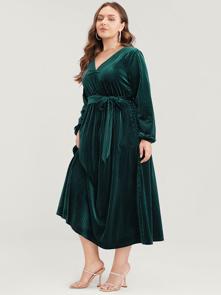Striped Velvet Pocket Lantern Sleeve Belted Wrap Dress