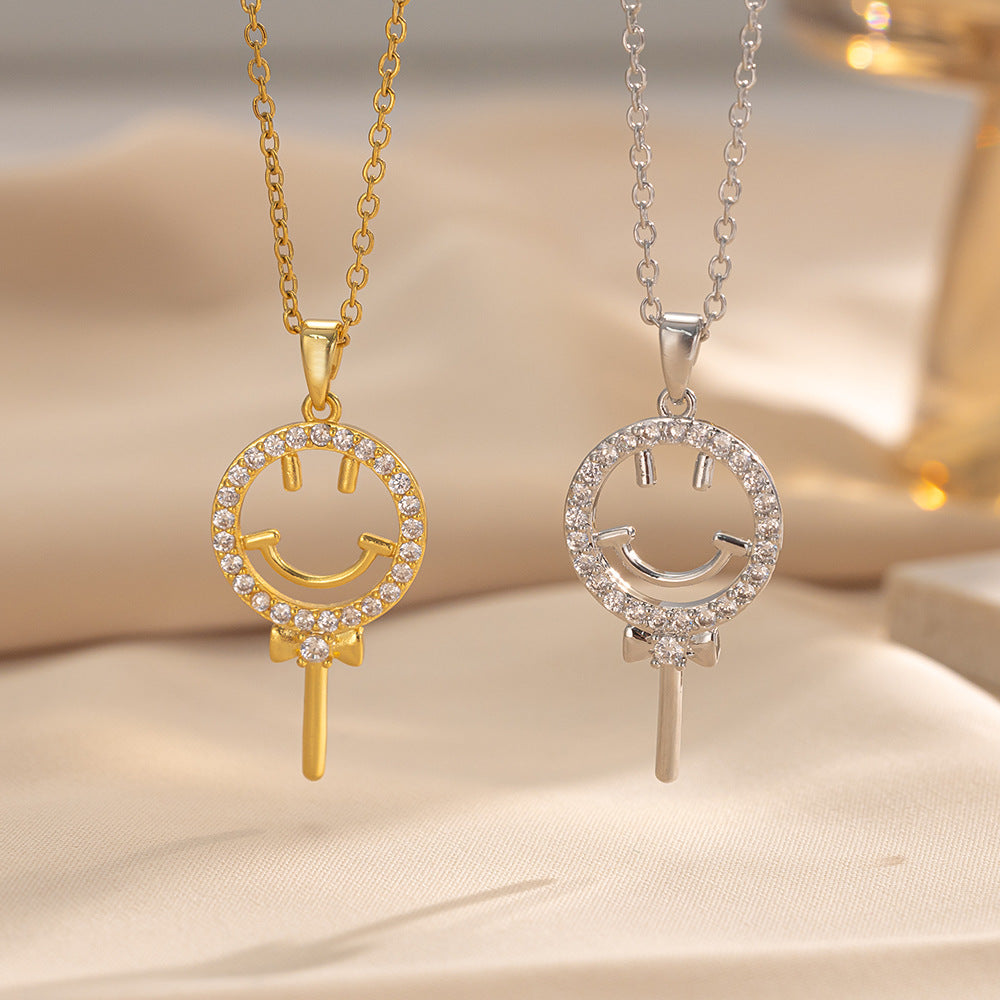 Titanium Steel Lollipop Smiley Face Necklace For Women Summer Fashion Design Versatile Zircon Clavicle Necklace