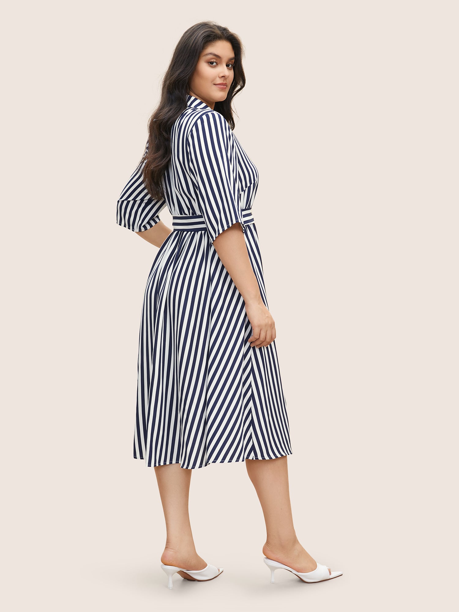 Striped Belted Shirt Collar Button Up Dress