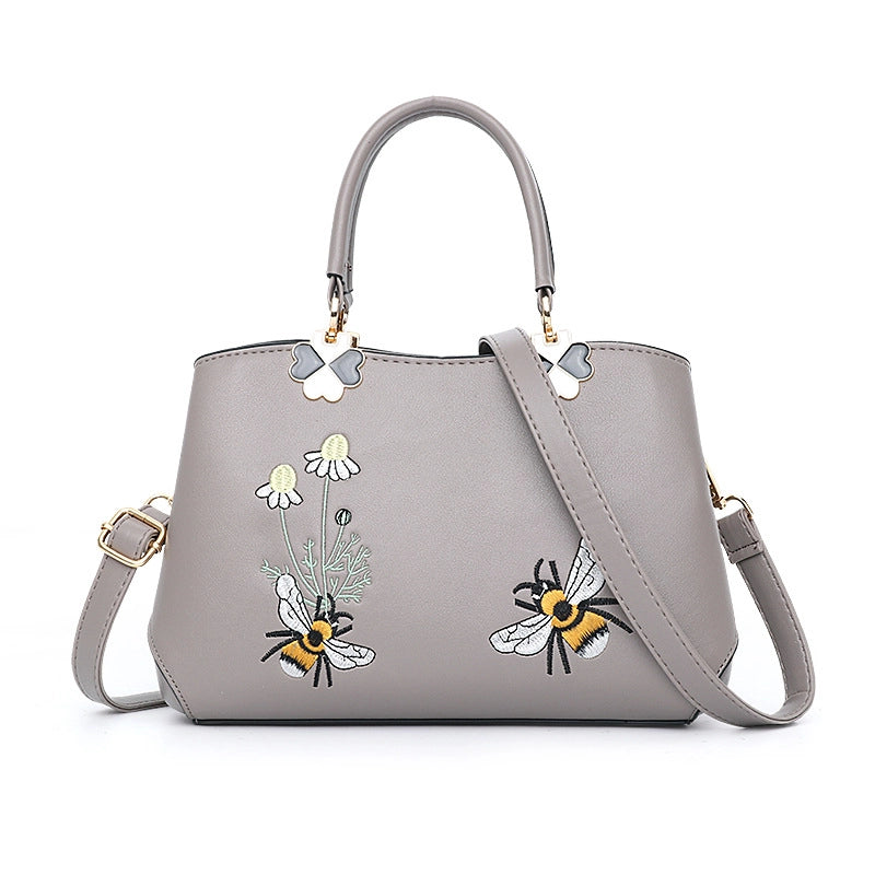 Women's Pu Leather Flower Bee Classic Style Sewing Thread Bucket Zipper Handbag Crossbody Bag