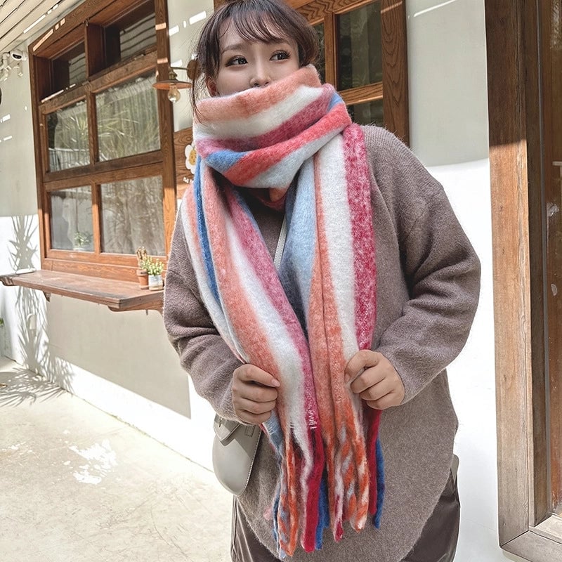 Latest Mohair Striped Tassel Scarf Fashion Geometric Gradient Shawl Versatile Thickened Scarf