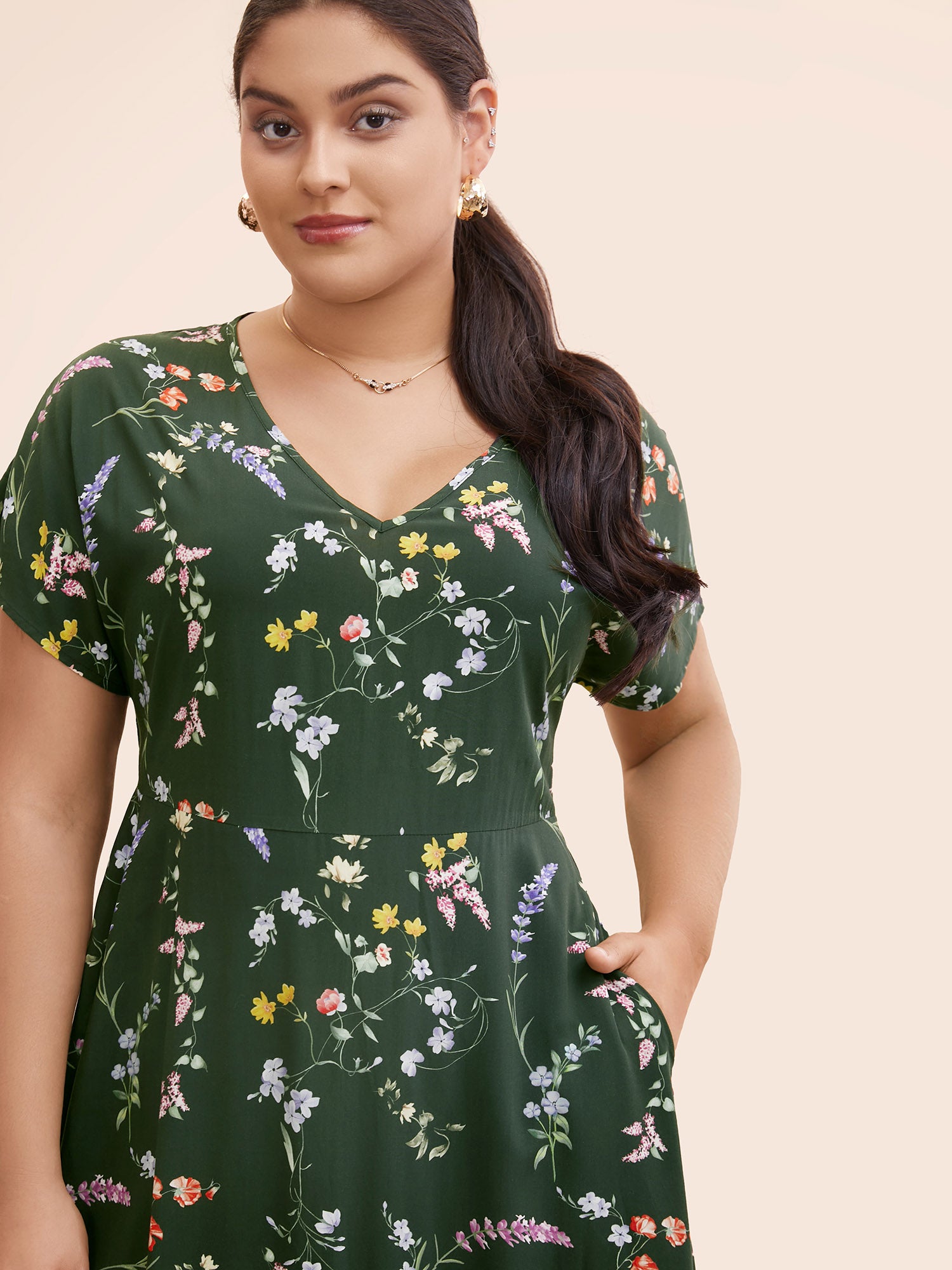 Floral V Neck Dolman Sleeve Midi Dress