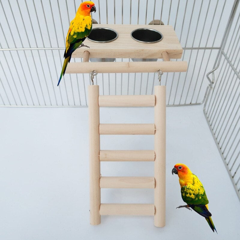Bird Wood Ladder Toy With Stainless Steel Feeding Bowl