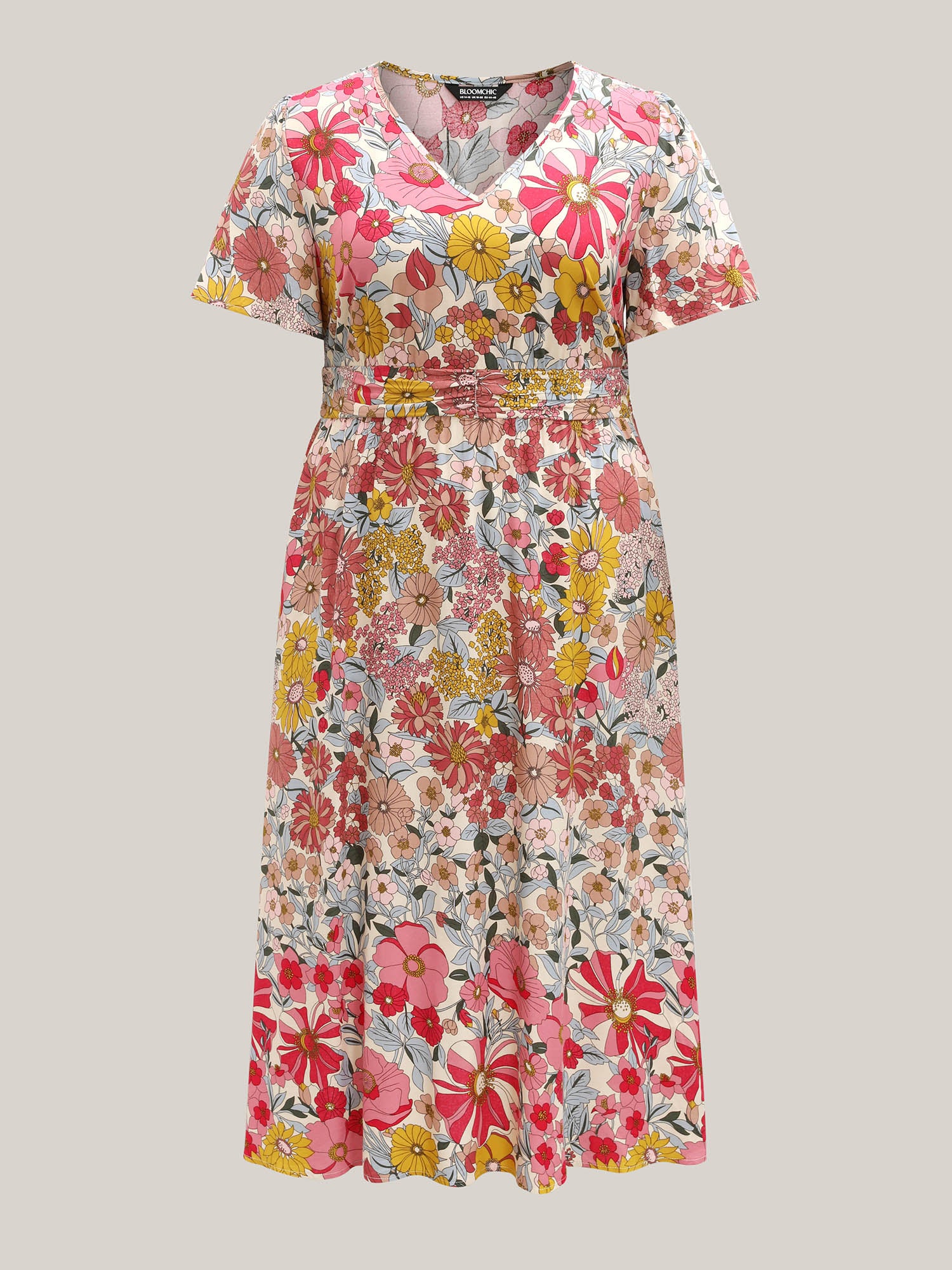 Vibrant Floral Print Pleated Waist Midi Dress