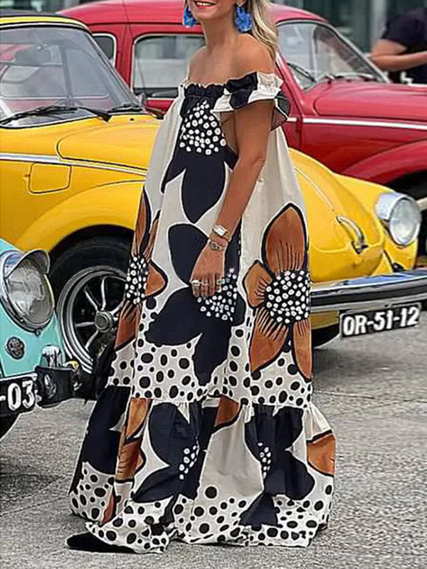 Loose Short Sleeves Flower Print Split-Joint Off-The-Shoulder Maxi Dresses