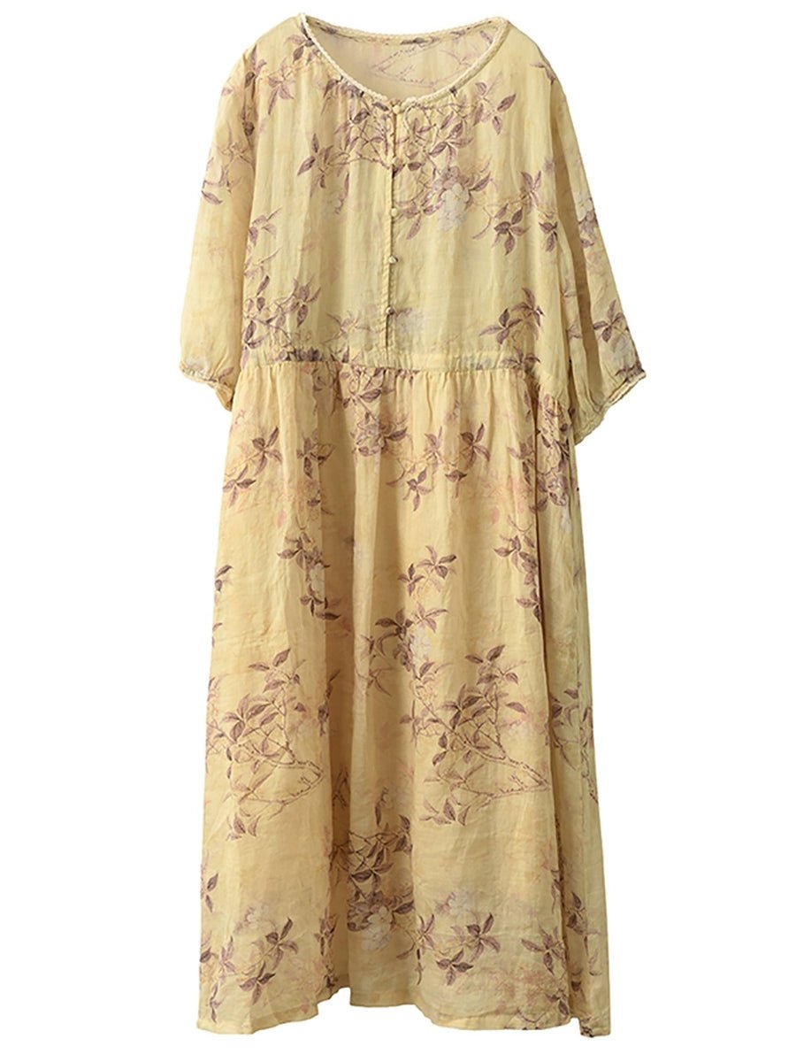 Women Summer Artsy Flower O-Neck 100%Ramie Dress