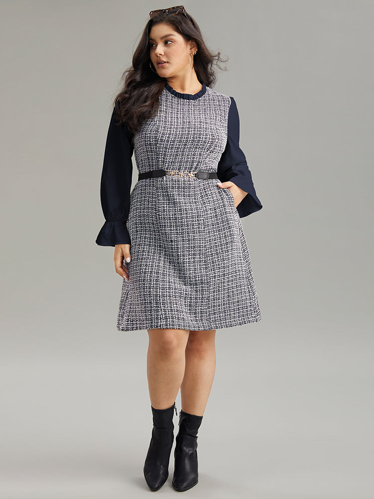 Plaid Patchwork Ruffle Trim Knee Dress