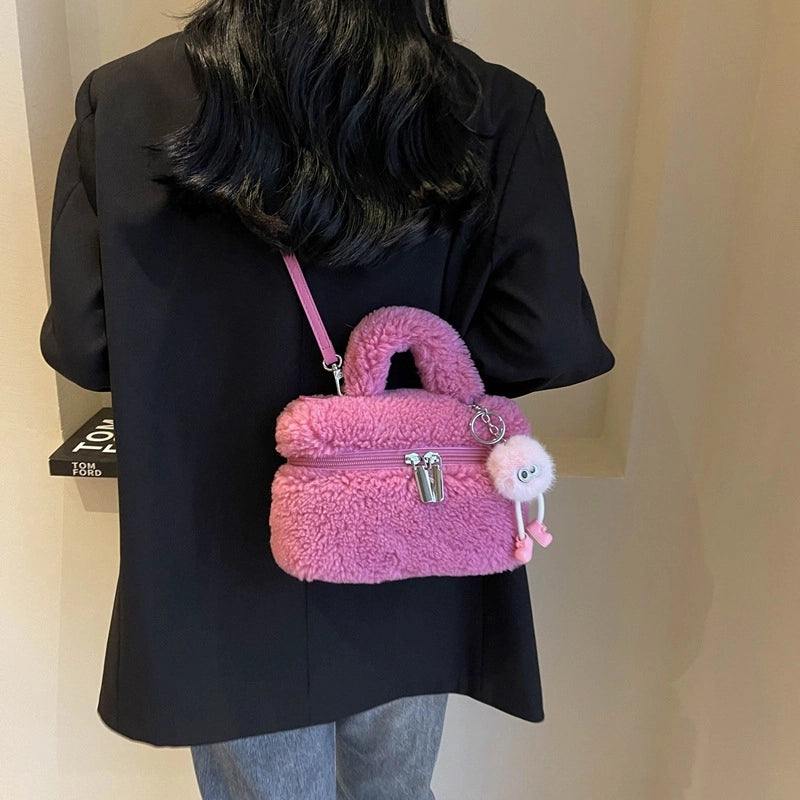 Women's Plush Solid Color Cute Square Zipper Shoulder Bag Handbag Crossbody Bag