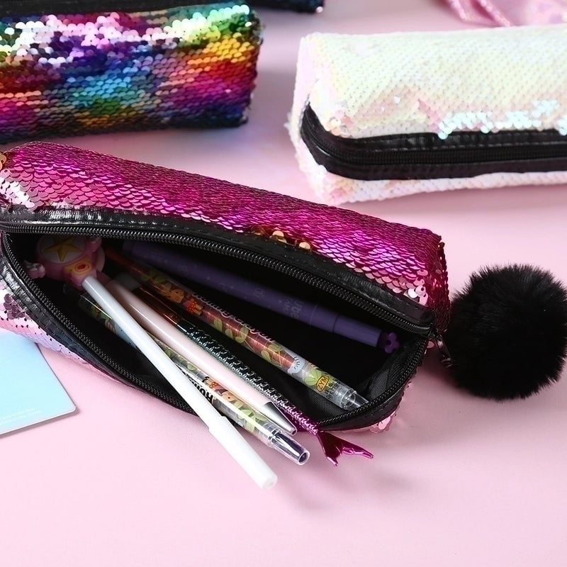 Fashion New Fur Ball Sequins Cosmetic Pencil Case Mermaid Storage Bag