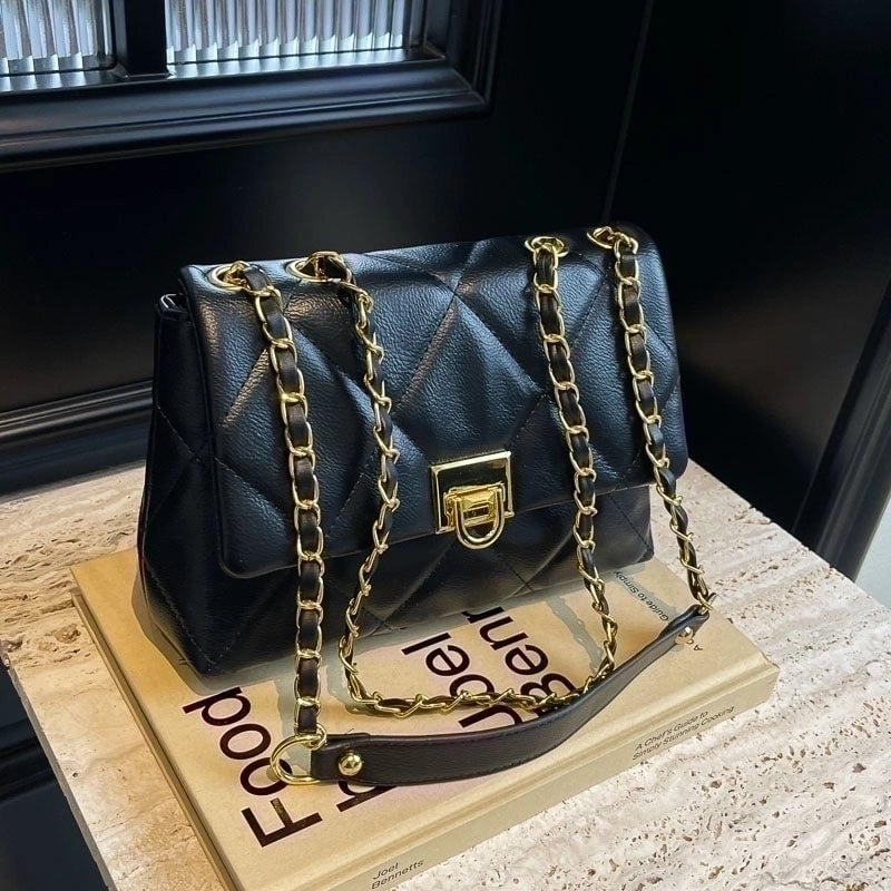Women's Lingge Classic Style Sewing Thread Square Lock Clasp Shoulder Bag
